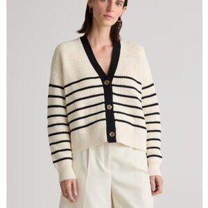 Quince Cotton Fisherman Boxy Cropped Cardigan, Off-white/Black stripe, S